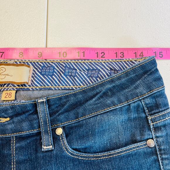 Paige Canyon Medium Dark Blue Wash Flare Leg Low Rise Denim Jeans W28 - Picture 11 of 14